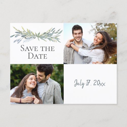 2 Photo Watercolor Greenery Modern Save The Date Announcement Postcard