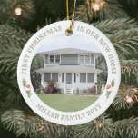 2 Photo Watercolor Holly New Home First Christmas Ceramic Ornament<br><div class="desc">Celebrate the joy of your new place with a custom 2 photo "First Christmas in our New Home" watercolor holly round ceramic ornament. Wording and pictures on this template are simple to personalize, and can be different or the same on front and back. (IMAGE & TEXT DESIGN TIPS: 1) To...</div>