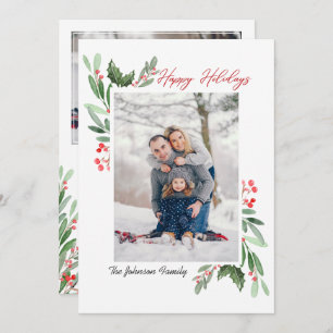 2 PHOTO Watercolor Mistletoe Holly Berry Christmas Holiday Card