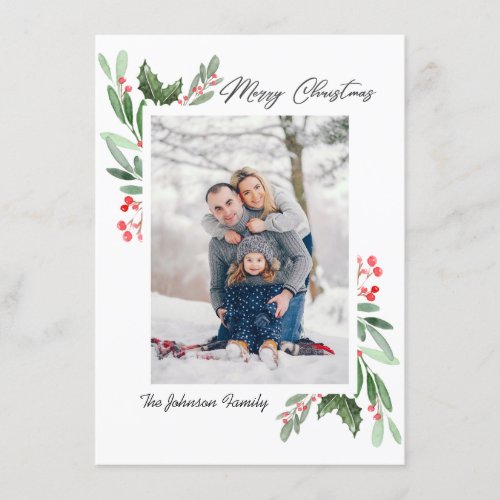 2 PHOTO Watercolor Mistletoe Holly Berry Christmas Holiday Card