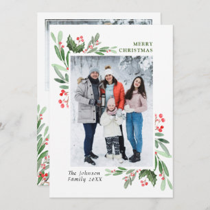 2 PHOTO Watercolor Mistletoe Holly Berry Christmas Holiday Card