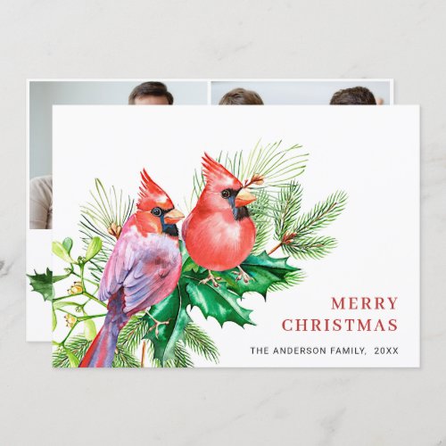 2 PHOTO Watercolor Red Cardinal Christmas Greeting Holiday Card