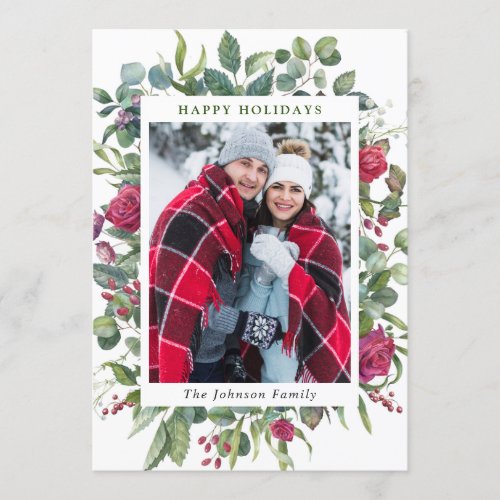 2 PHOTO Watercolor Winter Roses Flowers Christmas Holiday Card