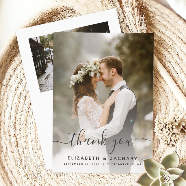 2-Photo Wedding Gray Script Thank You Card (Creator Uploaded)