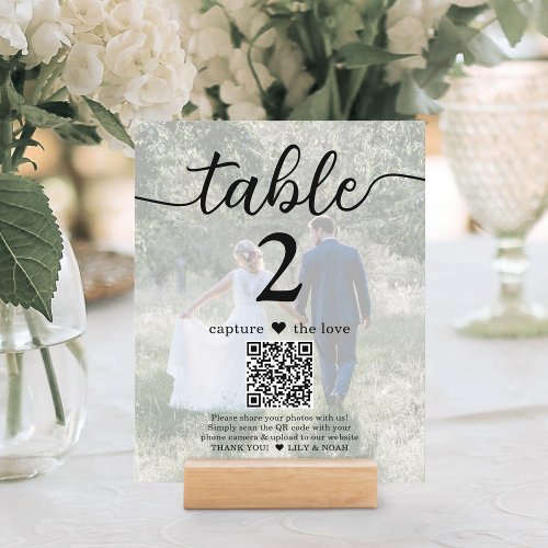 2 Photo Wedding QR Code Black Script Table Number