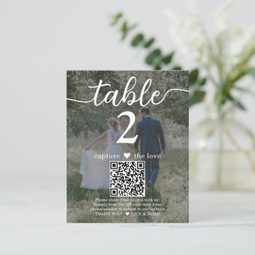 2 Photo Wedding QR Code White Script Table Number