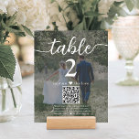 2 Photo Wedding QR Code White Script Table Number<br><div class="desc">Add a personalized finishing touch to wedding reception decorations with custom photo & QR Code table number cards. Pictures and wording are simple to customize, and can be different or the same on front and back. If preferred, change "capture the love" to "honeymoon fund, " "a special thanks, " "menu,...</div>