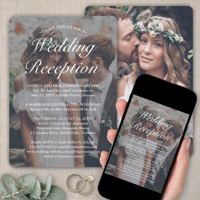 2 Photo Wedding Reception Only Elegant White Text Invitation