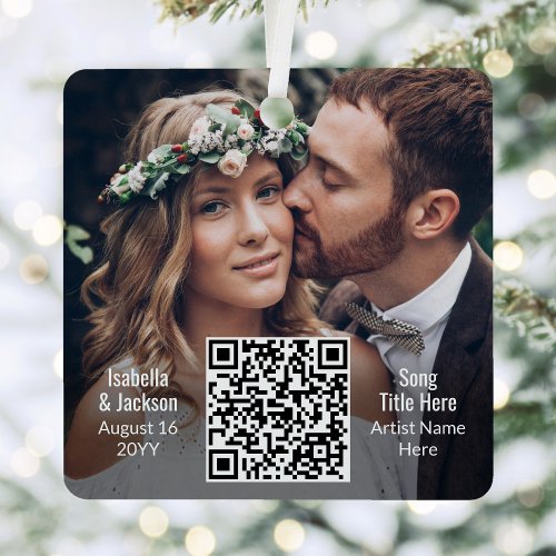 2 Photo Wedding Song âˆ Newlyweds Playlist QR Code Metal Ornament