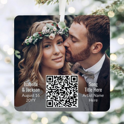 2 Photo Wedding Song ∙ Newlyweds Playlist QR Code Metal Ornament