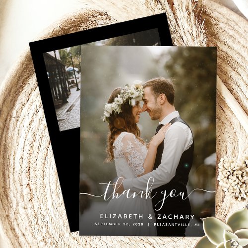 2_Photo Wedding White Script Black Thank You Card