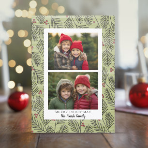 2 Photo Whimsical Christmas Branches White Border Holiday Card
