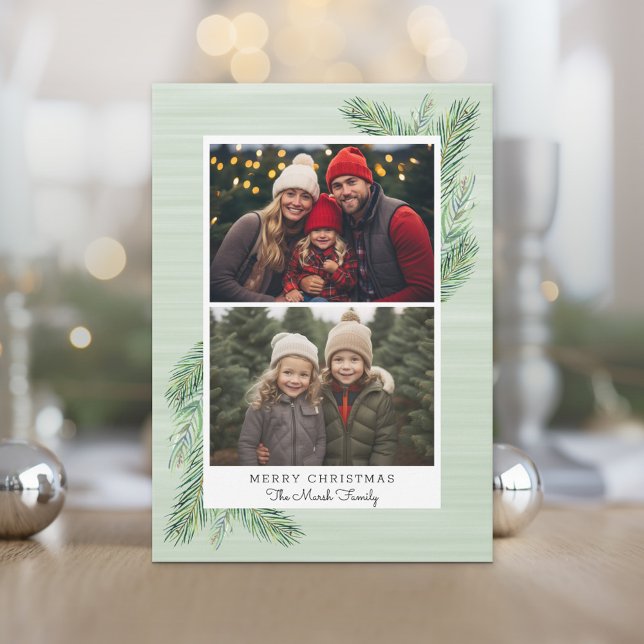 2 Photo White Border with Pine Branches Accents Holiday Card (Photo Christmas Card)