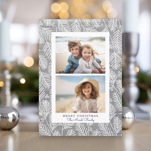 2 Photo White Border with Whimsical Pine Branches Holiday Card