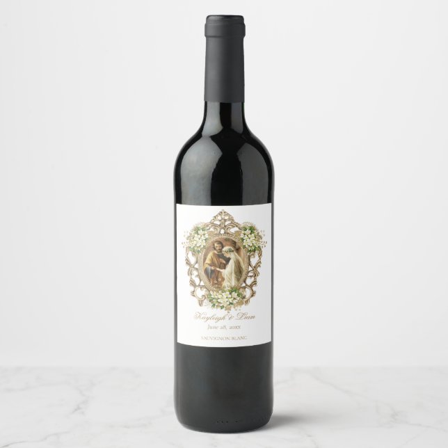 2-photo White Floral Catholic Wedding Wine Label (Front)