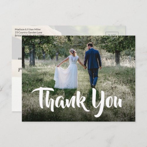 2 Photo White Script Overlay Wedding Thank You Postcard
