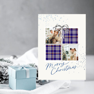 2 Photo X-mas Present Card Blue Tartan Silver Bow