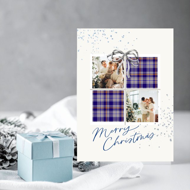 2 Photo X-mas Present Card Blue Tartan Silver Bow (Personalized Christmas card with two photo frames and festive holiday details)