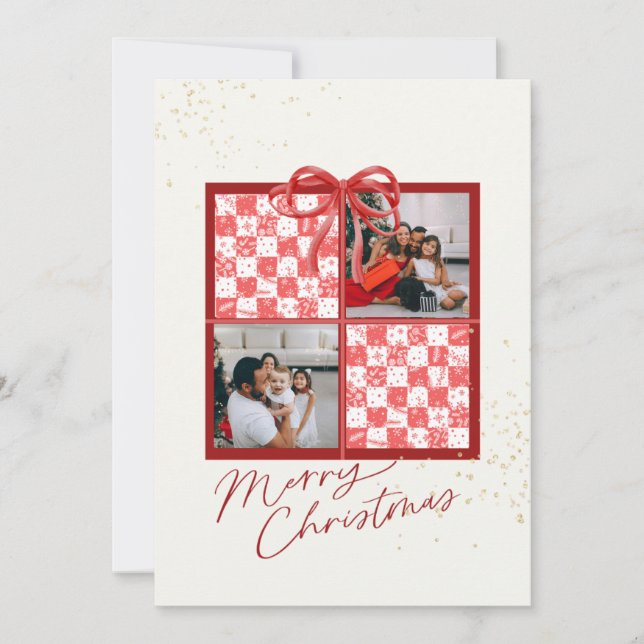 2-Photo X-mas Present Card Red Gingham Snowflakes (Front)
