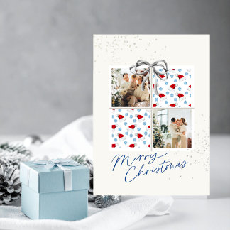 2-Photo X-mas Present Card Santa Hats Silver Bow