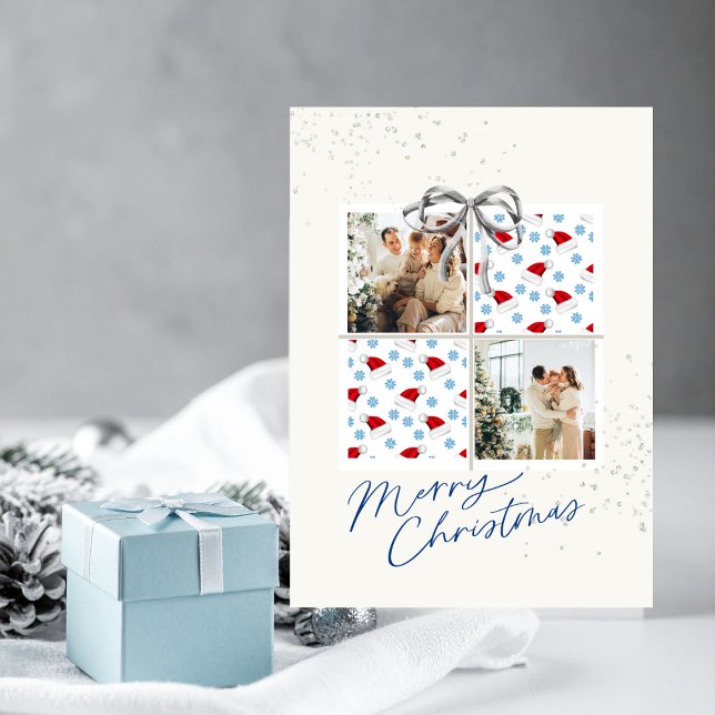 2-Photo X-mas Present Card Santa Hats Silver Bow (Christmas card with two photo frames and festive holiday details in hues of blue)
