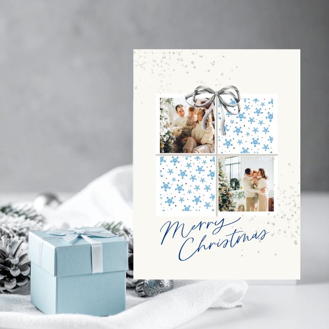 2 Photo X-mas Present Card Snow Stars Silver Bow (Personalized Christmas card with two photo frames and festive holiday details)