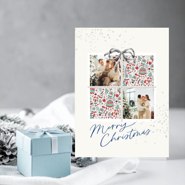 2-Photo X-mas Present Card Ugly Sweater Silver Bow (Personalized Christmas card with two photo frames and festive holiday details)