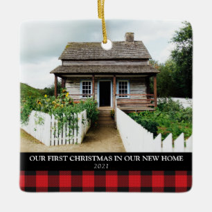 2 PHOTO XMAS NEW HOME BUFFALO PLAID CHRISTMAS CER CERAMIC ORNAMENT