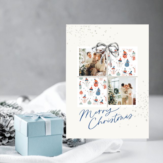 2-Photo Xmas Present Card Happy Snowmen Silver Bow (Christmas card with two photo frames, a coquette silver bow and happy snowmen)