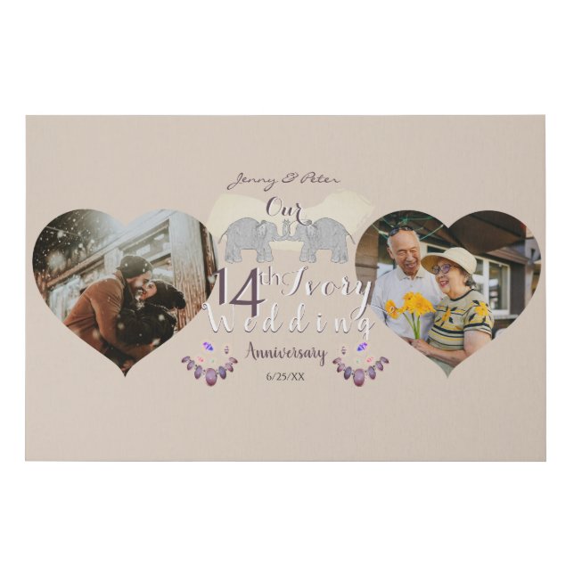 2 Photos14th Ivory Wedding Anniversary Heart Frame Faux Canvas Print (Front)