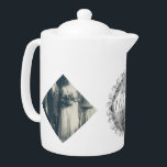 2 Photos 10th,11,20,25,70th Wedding Anniversary  Teapot<br><div class="desc">Looking for that unique,  original graphics,  two photos,  10th, 11th, 20th, 25th,  or 70th wedding anniversary designed teapot for them? Then this might be it; original artwork,   tin,  silvery or platinum emblem on this stunningly printed white teapot! They'll enjoy having it all year round as well :)</div>
