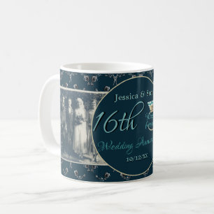2 Photos 16th Wedding Anniversary Indigo & Silver  Coffee Mug