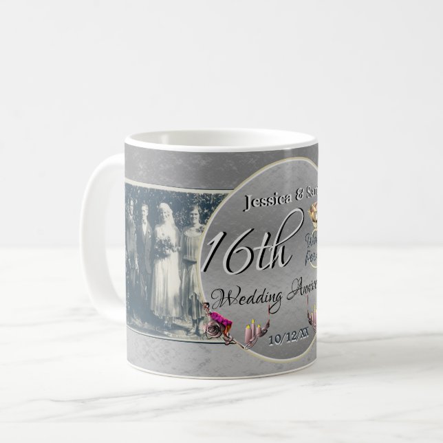 2 Photos 16th Wedding Anniversary Wax Coffee Mug (Front Left)
