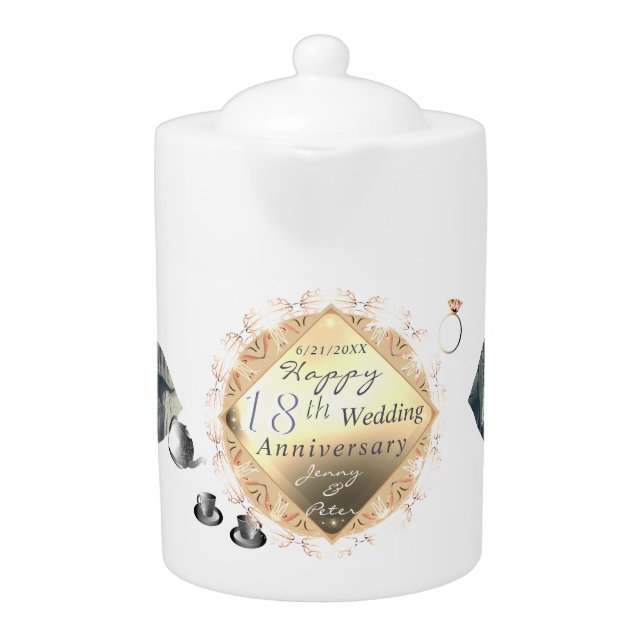 2 Photos 18th Wedding Anniversary Emblem Teapot (Front)