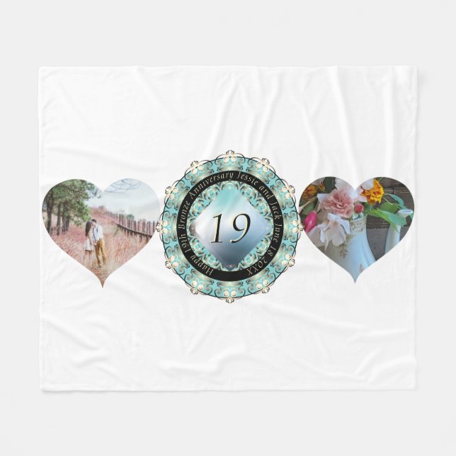 2 Photos 19th Wedding Anniversary Heart Frames Fleece Blanket (Front (Horizontal))
