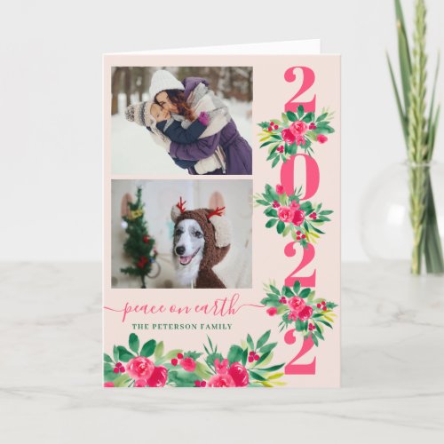 2 photos 2020 Christmas floral watercolor pink Holiday Card