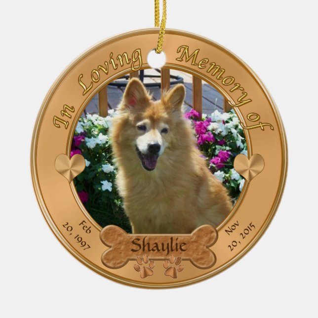 2 Photos, 3 Text Boxes Dog Memorial Ornament (Front)