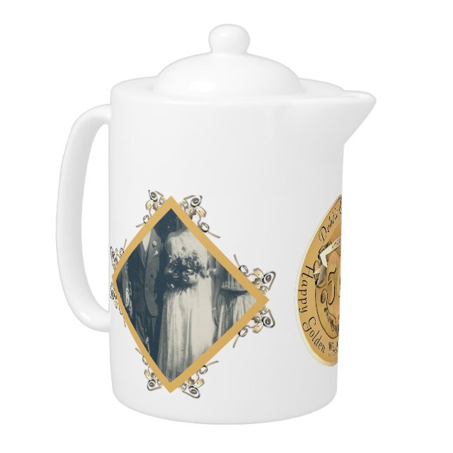 2 Photos 50th Wedding Anniversary Porcelain Teapot (Left)