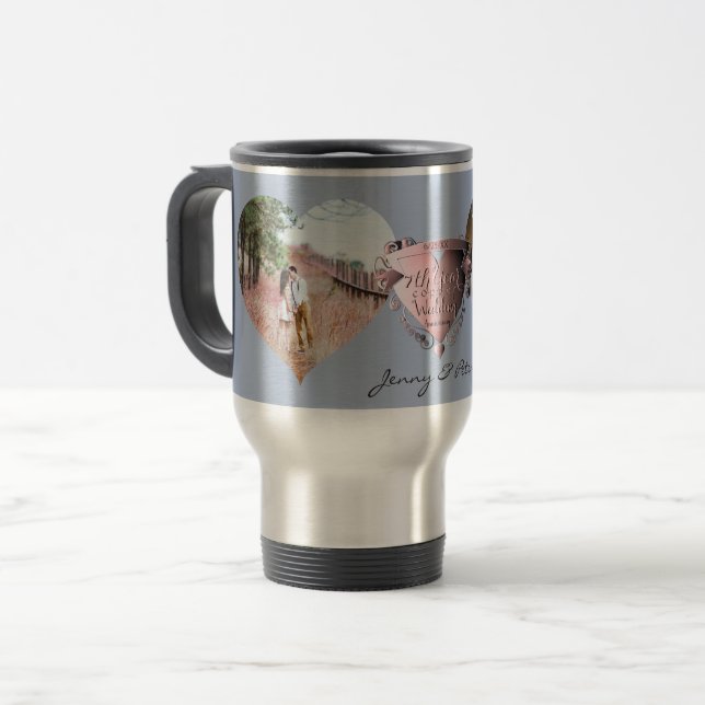 2 Photos 7th Wedding Anniversary Copper Heart  Travel Mug (Front Left)
