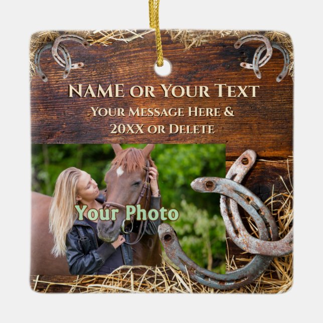 2 Photos and Personalized Gifts for Horse Lovers Ceramic Ornament (Front)