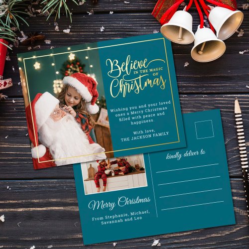 2 photos believe in Christmas magic family blue Foil Holiday Postcard