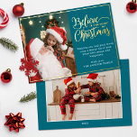 2 photos believe in Christmas magic family Foil Holiday Card<br><div class="desc">Modern holiday greeting card featuring one of your favorite Christmas family portraits on the left complemented by a real gold foil frame and wording that reads "Believe in the magic of Christmas" on the right over an elegant blue background, customizable with your own greeting message. You can upload one more...</div>