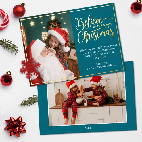 2 photos believe in Christmas magic family Foil Holiday Card