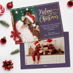 2 photos believe in Christmas magic family Foil Holiday Card<br><div class="desc">Modern holiday greeting card featuring one of your favorite Christmas family portraits on the left complemented by a real gold foil frame and wording that reads "Believe in the magic of Christmas" on the right over an elegant violet background, customizable with your own greeting message. You can upload one more...</div>