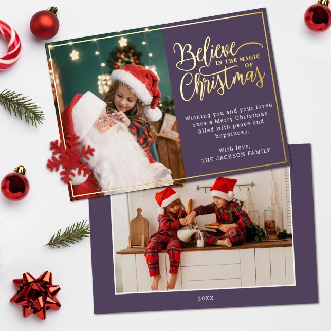 2 photos believe in Christmas magic family Foil Holiday Card (Creator Uploaded)