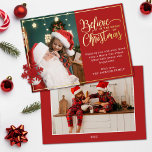 2 photos believe in Christmas magic family red Foil Holiday Card<br><div class="desc">Modern holiday greeting card featuring one of your favorite Christmas family portraits on the left complemented by a real gold foil frame and wording that reads "Believe in the magic of Christmas" on the right over a festive red background, customizable with your own greeting message. You can upload one more...</div>