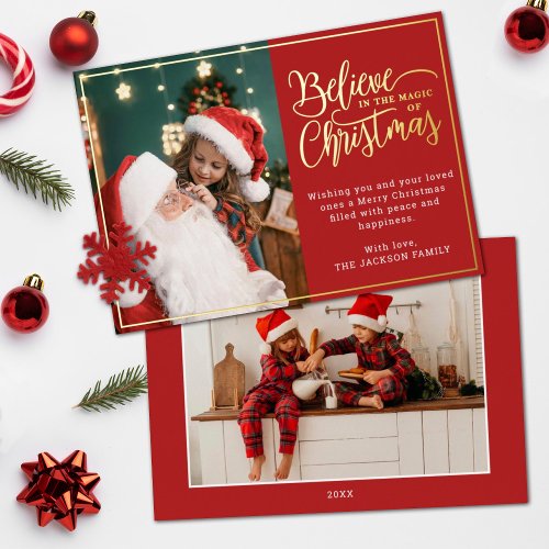 2 photos believe in Christmas magic family red Foil Holiday Card
