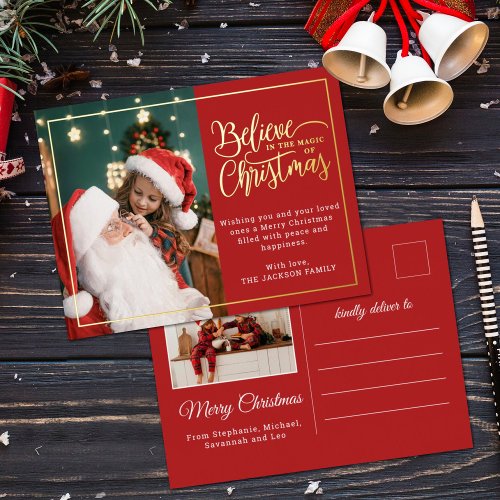 2 photos believe in Christmas magic family red Foil Holiday Postcard