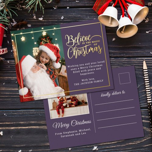 2 photos believe in Christmas magic family violet Foil Holiday Postcard
