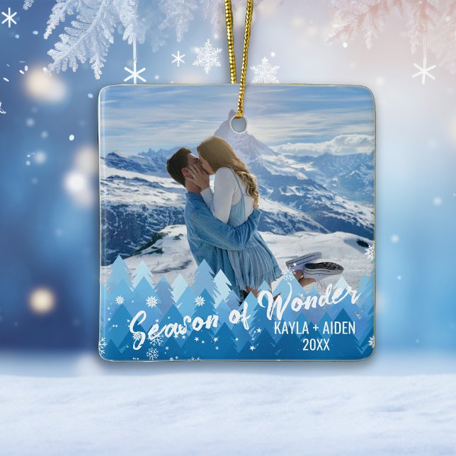 2 Photos Blue Color Merry & Bright  Ceramic Ornament (Creator Uploaded)